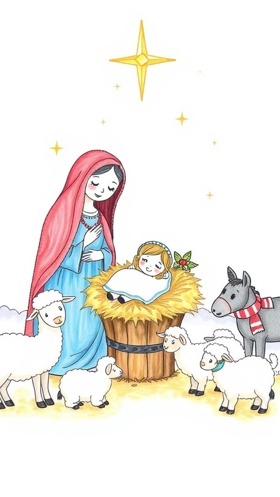 Nativity Scene Drawing Guide A nativity scene drawing with Mary, Joseph, and baby Jesus in a manger, surrounded by animals and a shining star.